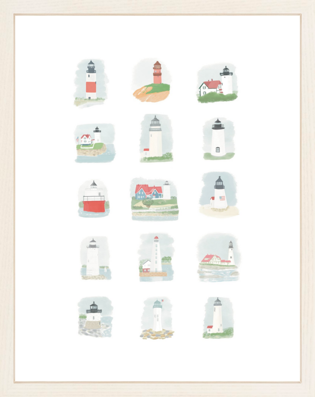  A framed print featuring illustrations of fifteen New England Lighthouses