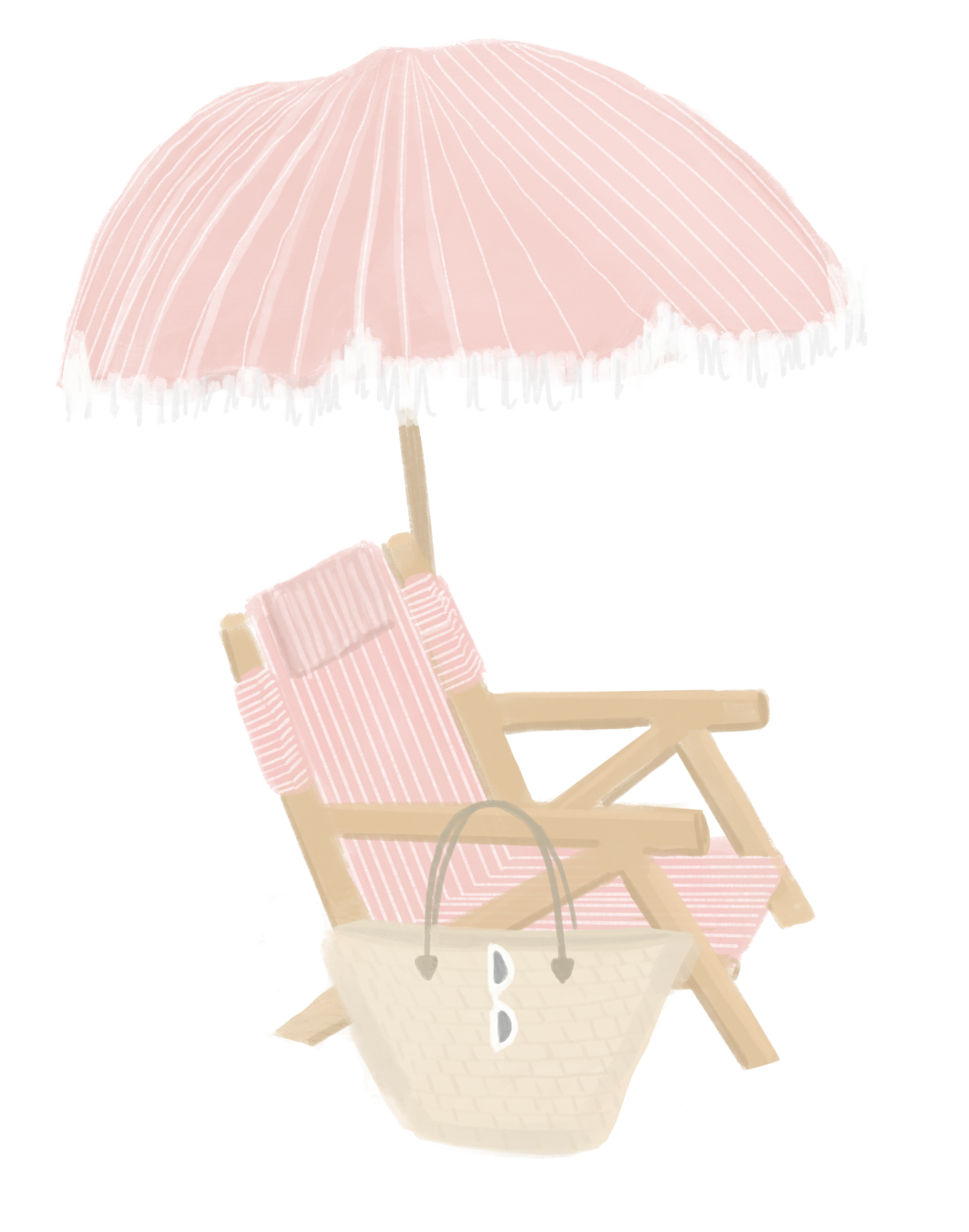 A pastel illustration of a pink-and-white striped beach umbrella shading a wooden folding chair with matching striped fabric, plus a woven tote bag, on a plain white background.