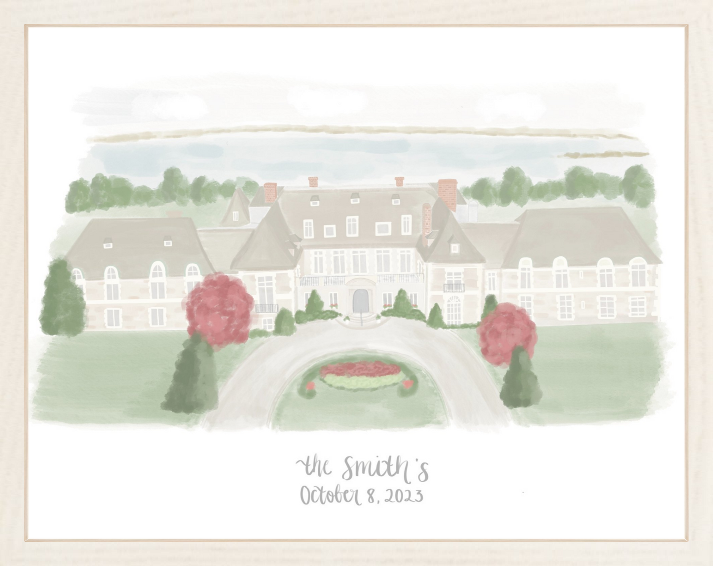 watercolor style print of the aldrich mansion in warwick, rhode island in soft, muted colors