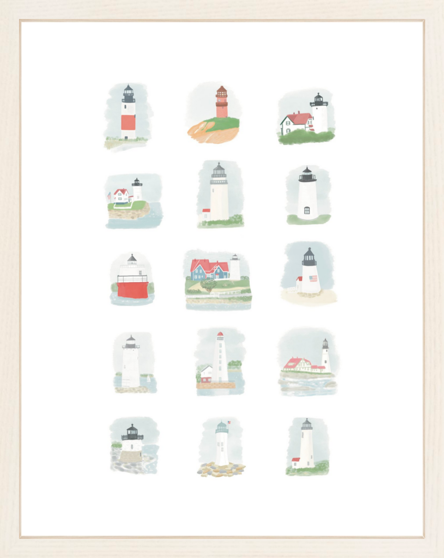 A collection of illustrated lighthouses from New England, each uniquely designed in a small format.